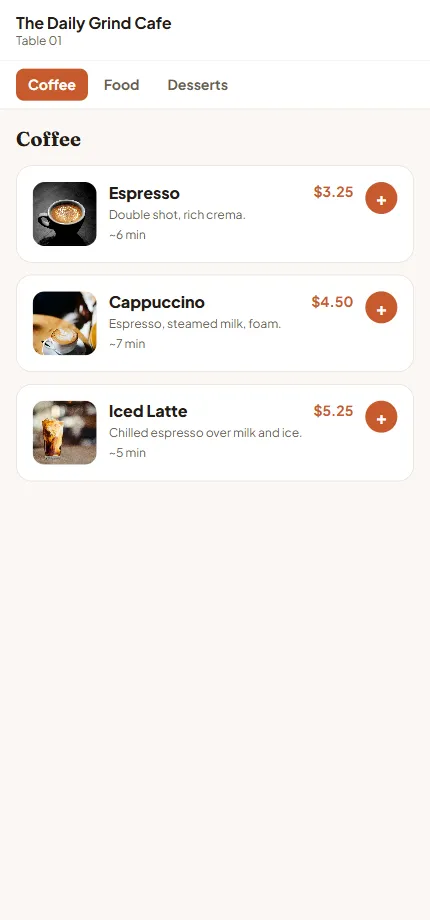Customer QR self-ordering — browse menu and place order from phone