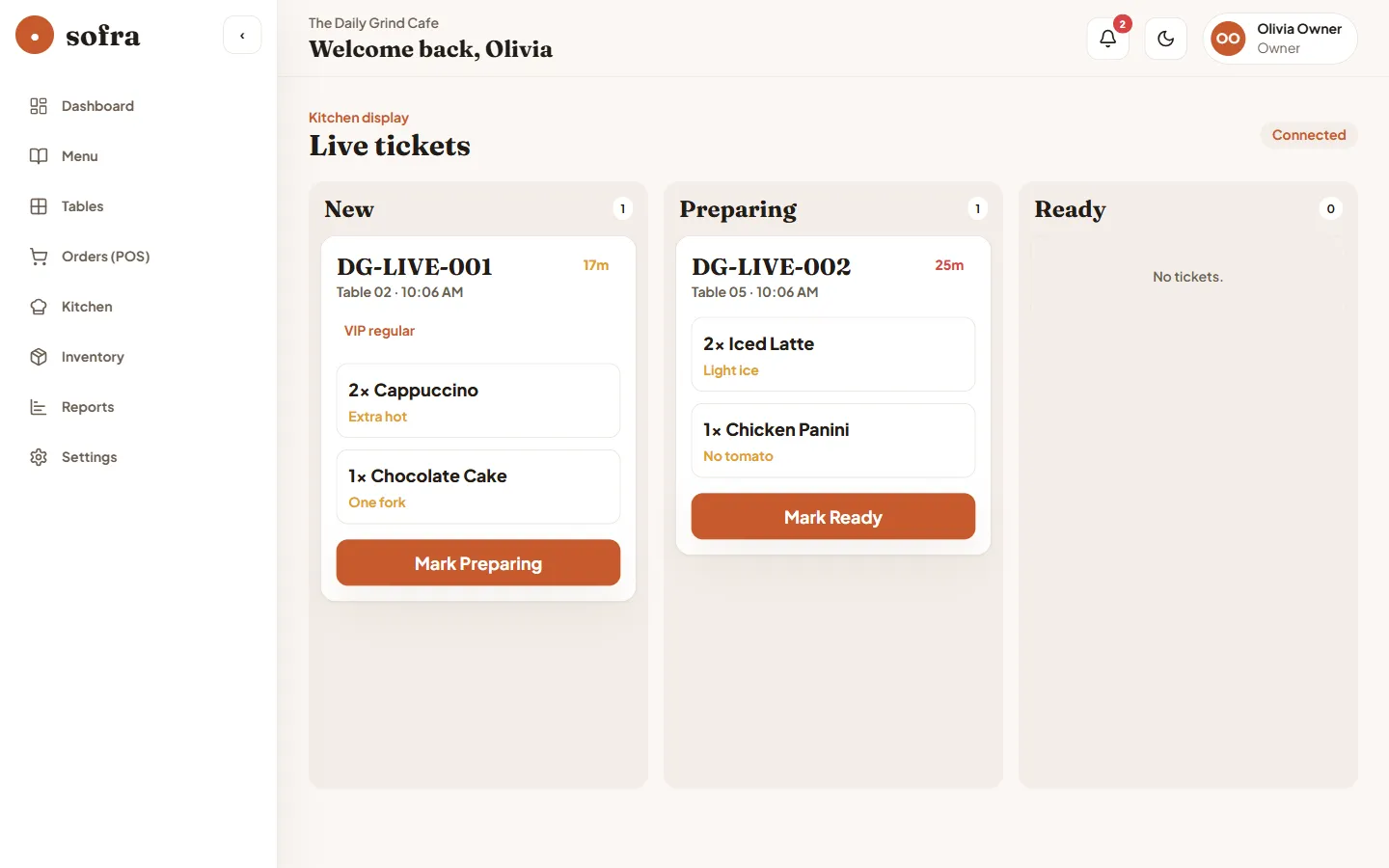 Sofra live kitchen display — real-time order queue